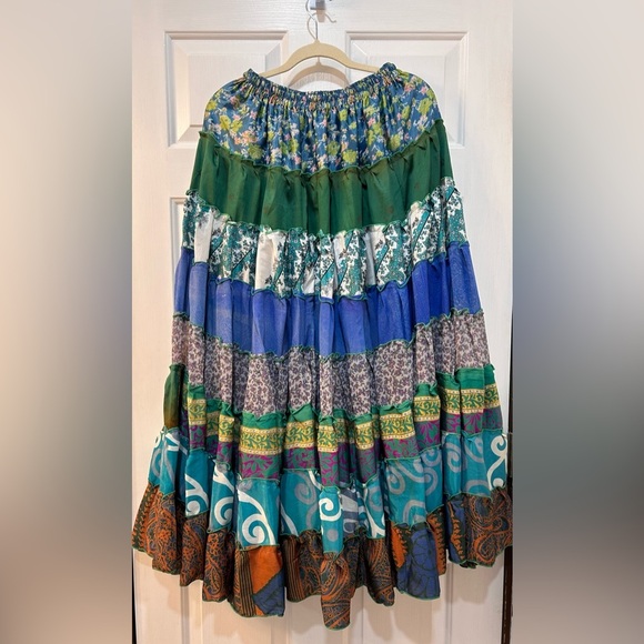Colorful Patchwork Gypsy Full Maxi Skirt S Tiered Silk Peasant Boho Hippie Folk - Picture 2 of 8